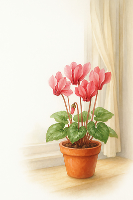 식물 디자인 꽃 컬러 겨울 창문 내부 생태계 파일형식 시클라멘 분홍색 화분 창가 실내 자연 인테리어 나무 공간 생명 건강 잎 조명 따뜻함 꾸밈 정원 국내일러스트 일러스트 JPG 겨울꽃