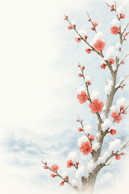 주간 식물 계절 꽃 컨셉 겨울 생태계 매화 파일형식 자연 풍경 나무 홍매화 하늘 눈덮임 고요 수채화 감정 추위 조화 색감 아침 화사함 국내일러스트 일러스트 JPG 겨울꽃