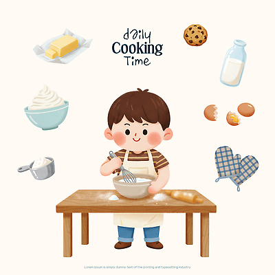 PSD 어린이 일러스트 재료 탁자 요리 쿠키 제과 주방 계란 우유 도구 설탕 믹서 크림 즐거움 반죽 제빵 버터 반죽기 국내일러스트 감정 가구 디저트 유제품 사람 제과제빵 알 파일형식