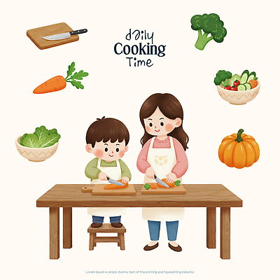 PSD 교육 어린이 채소 일러스트 재료 모션 식탁 호박 함께함 건강 요리 부모 당근 브로콜리 즐거움 유대감 맛있는 국내일러스트 감정 컨셉 가족 탁자 뿌리채소 사람 파일형식