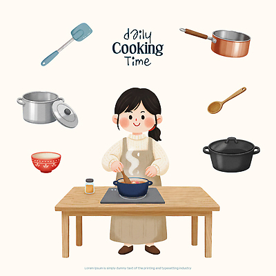 PSD 여자 행복 일러스트 식재료 가정 주방용품 아침 요리 일상 주방 시간 냄비 저녁 주부 요리중 점심 나무주걱 국내일러스트 주간 감정 생활용품 모션 사람 라이프 목재 솥 야간 주걱 파일형식