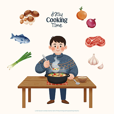PSD 남자 음식 채소 일러스트 재료 탁자 양파 따뜻함 건강 마늘 육류 어류 요리 주방 식사 신선 맛 수프 저녁 준비 국내일러스트 가구 컨셉 식재료 사람 수중동물 야간 파일형식