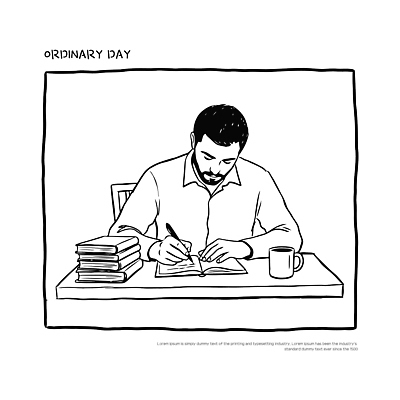 남자 커피 생각 일러스트 아침 실험 일상 책 학습 사무실 펜 공책 자료 기록 집중 책상 문학 조용 창의성 국내일러스트 AI파일 주간 교육 음료 가구 컨셉 비즈니스 문구용품 사람 라이프 필기구 파일형식 벡터