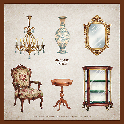 PSD 디자인 가구 의자 일러스트 탁자 유물 조명 장식 인테리어 꽃병 전시 거울 빈티지 그림 장식장 수공예 고풍 스타일 국내일러스트 전통 꽃 생활용품 컨셉 공예 파일형식