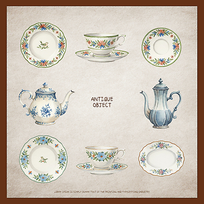 PSD 전통 식기 접시 디자인 예술 컬러 일러스트 세부 세트 전시 빈티지 도자기 우아함 상품 찻잔 찻주전자 수공예 고풍 정물화 국내일러스트 컨셉 주전자 잔 필리핀 공예 그림 파일형식