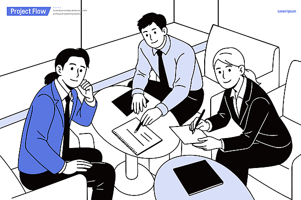 컨셉 비즈니스 사무용품 작업 파일형식 벡터 회의 프로젝트 사무실 토론 아이디어 경영 협력 전략 계획 문서 메모지 분석 발전 시간 업무 소통 AI파일 국내일러스트 일러스트