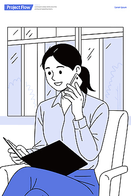 가구 컨셉 비즈니스 창문 모션 말하기 사람 핸드폰 스마트기기 작업 감각 파일형식 벡터 사무실 여자 통화 문서 파일 창가 의자 대화 업무 집중 스마트폰 편안함 대기 내부 기계 AI파일 국내일러스트 일러스트