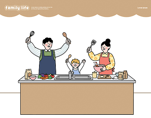 라이프스타일 감정 컨셉 가족 관계 모션 주방용품 사람 신체부위 파일형식 벡터 요리 주방 함께함 즐거움 아빠 엄마 어린이 주걱 재료 식사 손 기쁨 음식 자녀 시간 행복 만들기 국내일러스트 일러스트 AI파일 가족라이프
