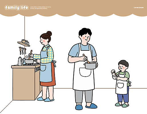 라이프스타일 감정 컨셉 가족 관계 모션 사람 라이프 맛 파일형식 벡터 주방 요리 아빠 엄마 어린이 시간 재료 함께함 따뜻함 즐거움 도움 Apron 요리중 손맛 소통 가정 일상 행복 국내일러스트 일러스트 AI파일 가족라이프