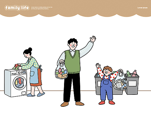 라이프스타일 가사 가족 관계 사람 내부 라이프 가전제품 친환경 파일형식 벡터 남자 여자 어린이 쓰레기 분리배출 빨래 세탁기 재활용 청소 일상 협력 가정 생활 부모 자녀 역할 실내 국내일러스트 일러스트 AI파일 가족라이프