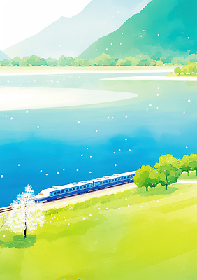 JPG 나무 꽃 호수 여행 일러스트 자연 하늘 바람 산 풍경 초록색 여름 파란색 강 햇빛 평화 봄 기차 시원함 조용 국내일러스트 AI일러스트 AI콘텐츠 자연요소 식물 계절 육상교통 컬러 컨셉 날씨 대중교통 태양 생태계 파일형식