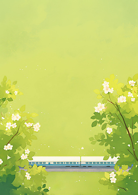 JPG 나무 꽃 감정 여행 이동 일러스트 자연 풍경 초록색 파란색 햇빛 정원 봄 기차 조화 텃밭 풍경화 국내일러스트 AI일러스트 AI콘텐츠 식물 계절 육상교통 컬러 컨셉 밭 대중교통 태양 그림 생태계 파일형식