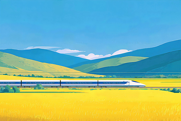 JPG 컬러 여행 하늘색 일러스트 자연 하늘 날씨 산 풍경 초원 초록색 여름 노란색 환경 기차 기차역 고속열차 풍경화 국내일러스트 계절 육상교통 대중교통 파란색 역 그림 생태계 파일형식