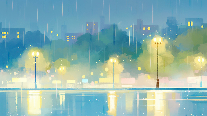 자연요소 공공시설 다수 컨셉 모션 날씨 사람 소리 비_날씨 야간 생태계 파일형식 거리 가로등 반사 저녁 풍경 도시 빛 고요 빗물 조명 소음 감성 자연 물 반짝임 여러명 국내일러스트 일러스트 JPG 비