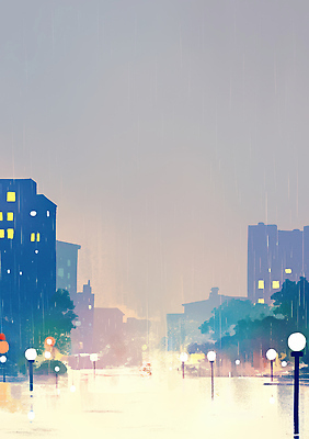 자연요소 건축물 공공시설 감정 길 컬러 컨셉 날씨 야간 파일형식 도시 풍경 가로등 건물 창문 저녁 안개 물길 빛 노란색 젖음 거리 백그라운드 하늘 파란색 회색 감성 고독 국내일러스트 일러스트 JPG 비