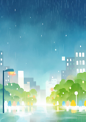 자연요소 식물 건축물 계절 컬러 다수 날씨 휴식 사람 도시 비_날씨 파일형식 도심 거리 여러명 모션 우산 풍경 수채화 초록색 건물 빗방울 나무 군중 산책 조명 대도시 여름 국내일러스트 일러스트 JPG 비