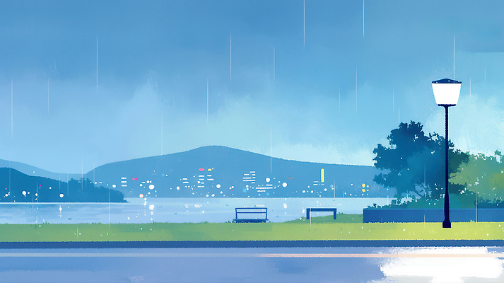 자연요소 식물 도로 길 의자 모션 날씨 비_날씨 야간 저녁 생태계 파일형식 풍경_경치 호수 도시 산책로 조명 풍경 반짝임 야경 나무 벤치 빗방울 차도 자연 물 하늘 거리 초저녁 기온 국내일러스트 일러스트 JPG 비