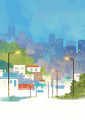 자연요소 건축물 날씨 건물 비_날씨 야간 그림 파일형식 거리 도시 풍경 빗방울 저녁 조명 하늘 물 어둠 풍경화 환경 예술 주택 국내일러스트 일러스트 JPG 비