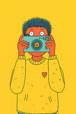 JPG 행복 여행 포즈 백그라운드 일러스트 사진 놀이 표정 웃음 소년 취미 그래픽 캐주얼 친구 노란색 카메라 촬영 그림 창의성 스타일 국내일러스트 AI일러스트 AI콘텐츠 옷 남자 감정 어린이 컬러 관계 전자제품 파일형식