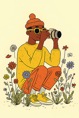 JPG 꽃 행복 컬러 여행 꽃밭 일러스트 사진 모션 자연 아웃도어 서기 웃음 앉기 소년 취미 카메라 주말 조화 국내일러스트 AI일러스트 AI콘텐츠 식물 남자 감정 어린이 표정 전자제품 생태계 파일형식