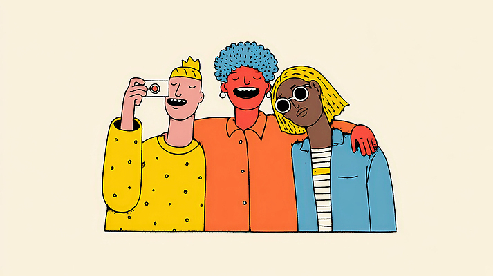 JPG 캐릭터 디자인 패션 컬러 여행 일러스트 사진 모션 표정 웃음 일상 친구 모임 유머 셀프카메라 즐거움 그림 이미지 순간 스타일 상호작용 국내일러스트 AI일러스트 AI콘텐츠 감정 관계 라이프 사진촬영 파일형식