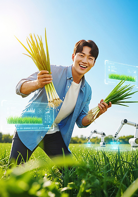 편집이미지 감정 산업 농업 채소 사람 성인 태양 농부 파일형식 농장 남자 파 수확 기술 행복 햇빛 초원 농작물 로봇 자동화 환경 이미지편집 JPG 청년농부 청년