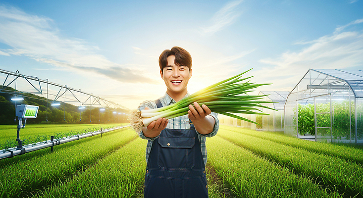 편집이미지 산업 컬러 농업 채소 표정 사람 성인 환경 시골 농부 파일형식 농장 남자 파 웃음 온실 농사 수확 농작물 농촌 친환경 파란색 이미지편집 JPG 청년농부 청년