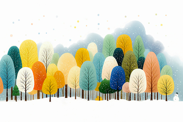 JPG 모양 나무 사계절 예술 컬러 크리스마스 겨울 일러스트 자연 눈사람 수채화 풍경 산타클로스 평화 숲 편안함 국내일러스트 AI일러스트 AI콘텐츠 식물 계절 기념일 컨셉 감각 생태계 파일형식