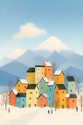 JPG 컬러 여행 겨울 일러스트 자연 산 거리 주택 풍경 건물 햇빛 마을 환경 고요 목가 국내일러스트 AI일러스트 AI콘텐츠 건축물 계절 태양 생태계 파일형식