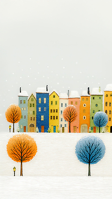 JPG 나무 도로 컬러 겨울 일러스트 자연 거리 주택 따뜻함 풍경 파란색 마을 흰색 랜턴 도시 차가움 조화 풍경화 국내일러스트 AI일러스트 AI콘텐츠 식물 계절 길 교통시설 조명 건물 그림 생태계 파일형식