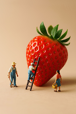 직업 산업 농업 과일 모형 도구 CG 파일형식 딸기 농부 수확 사다리 바구니 농장 흙 농사 미니어처 컬러 편집실사 편집이미지 JPG