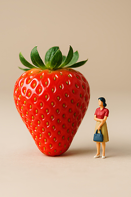 잡화 컬러 과일 사람 라이프 모형 CG 파일형식 딸기 여자 인형 오브젝트 일상 가방 신선 빨간색 조화 단순화된 상상력 편집실사 편집이미지 JPG 미니어처