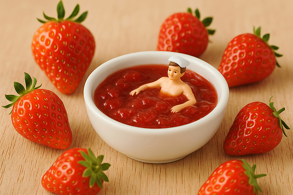 식기 감정 음식 컨셉 과일 모형 수상스포츠 소스_음식 CG 파일형식 딸기 인형 잼 수영 그릇 장면 귀여움 디저트 오브젝트 미니어처 컬러 상상력 즐거움 편집실사 편집이미지 JPG