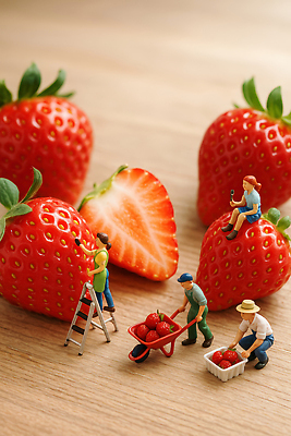 직업 계절 농업 과일 모형 도구 CG 생태계 파일형식 딸기 수확 인형 농사 자연 농부 작업 농장 사다리 여름 신선 편집실사 편집이미지 JPG 미니어처