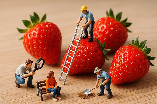 산업 농업 과일 모션 모형 도구 CG 파일형식 딸기 농작물 사다리 관찰 탐색 미니어처 작업 정원 장식 편집실사 편집이미지 JPG