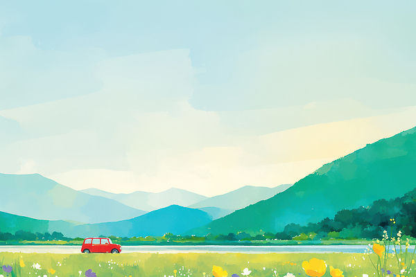 식물 계절 길 육상교통 컨셉 교통시설 자동차 라이프 운전 그림 생태계 파일형식 자연 풍경 빨간차 강 산 꽃 평화 드라이브 여행 풍경화 여름 시골 도로 일상 국내일러스트 일러스트 JPG