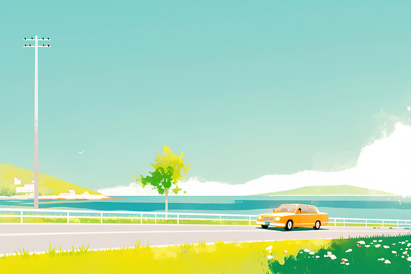 식물 계절 길 육상교통 바다 컬러 컨셉 교통시설 태양 생태계 파일형식 자동차 도로 풍경 여름 초록색 하늘 주행 해변 노란색 평화 여행 자연 초원 나무 감정 분위기 햇빛 국내일러스트 일러스트 JPG