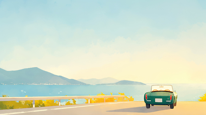 감정 길 육상교통 바다 컬러 컨셉 교통시설 태양 노을 운전 그림 생태계 파일형식 드라이브 일몰 풍경 해변 초록색 산 하늘 도로 여행 평화 자연 휴식 풍경화 여유 자동차 햇빛 국내일러스트 일러스트 JPG