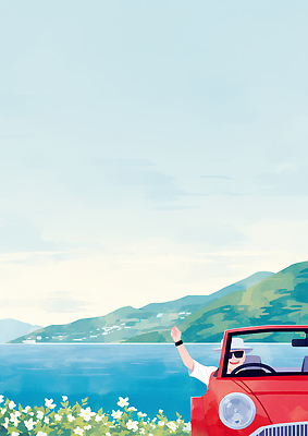 계절 감정 육상교통 바다 컨셉 관계 모션 자동차 표정 라이프 운전 생태계 파일형식 여름 여행 풍경 손흔들기 빨간차 자연 해변 즐거움 도전 자유 하늘 산 미소 친구 드라이브 일상 행복 국내일러스트 일러스트 JPG