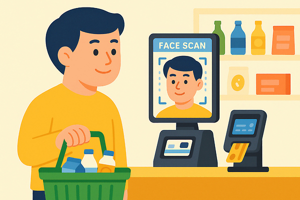 컨셉 사람 라이프 신체부위 쇼핑 바구니 상점 생체인식기술 파일형식 식품점 얼굴인식 스캔 남자 장바구니 상품 기술 편리함 고객 시스템 모던 일상 구매 도구 지원 안전 서비스 국내일러스트 JPG 일러스트 얼굴 결제