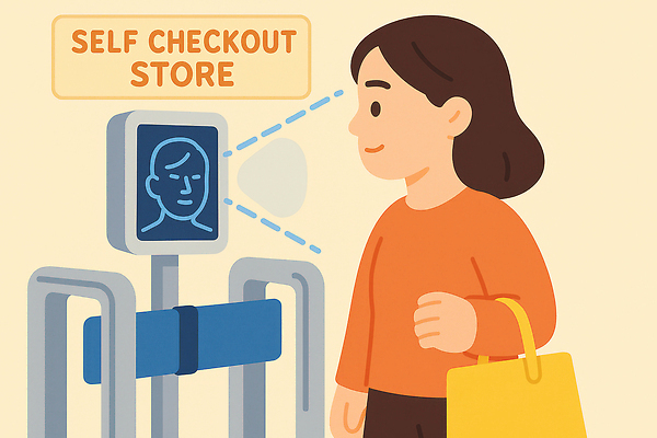 컨셉 기술 사람 신체부위 스마트 결제 생체인식기술 파일형식 쇼핑 여자 얼굴인식 스마트페이 고객 상점 소매 자동화 과학기술 편리함 시장 소프트웨어 국내일러스트 JPG 일러스트 얼굴