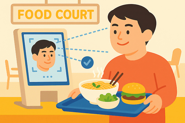 음식 컨셉 패스트푸드 사람 신체부위 핸드폰 스마트기기 인스턴트 생체인식기술 파일형식 얼굴인식 주문 남자 면류 햄버거 기술 식사 디지털 모던 편리함 스마트폰 요리 쟁반 국내일러스트 JPG 일러스트 얼굴 결제