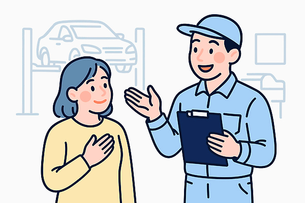 일러스트 자동차 대화 설명 정보 수리 고객 직원 서비스 상담 리프트 방문 문제 점검 보험 소통 반응 정비소 지원 국내일러스트 AI파일 육상교통 컨셉 모션 말하기 파일형식 벡터