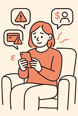 컨셉 의자 사람 핸드폰 스마트기기 보안 파일형식 벡터 여자 스마트폰 경고 소파 메시지 확인 표정 피해 위험 통신 안전 소통 심리 알림 정보 국내일러스트 일러스트 AI파일 인터넷 인터넷보안 디지털