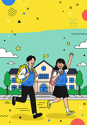 잡화 교육 감정 다수 학교 관계 모션 표정 사람 야외활동 등하교 파일형식 벡터 학생 친구 웃음 걷기 백그라운드 밝은색 즐거움 등교 소풍 청소년 가방 여러명 초등학교 하늘 국내일러스트 일러스트 AI파일 세일 신학기