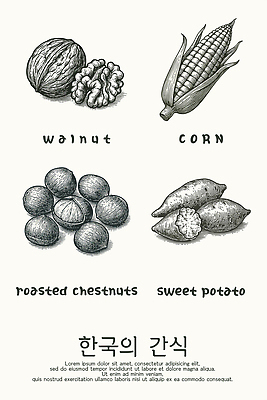 아시아 음식 디저트 곡류 뿌리채소 견과류 밤_견과류 굽기 생태계 파일형식 벡터 호두 옥수수 군밤 고구마 한국 과자 식물 자연 건강 먹거리 모양 특징 재료 식재료 한식 AI파일 국내일러스트 일러스트