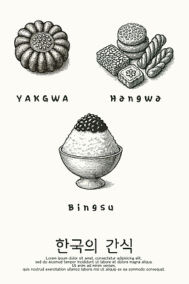 전통 아시아 음식 컨셉 디저트 전통음식 파일형식 벡터 한국 과자 약과 한과 빙수 문화 맛 간편조리식품 향 레시피 재료 건강 편리함 AI파일 국내일러스트 일러스트