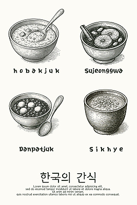 전통 식기 아시아 음료 한식 음식 컨셉 전통차 죽 정식 파일형식 벡터 한국 전통음식 수정과 팥죽 식혜 호박죽 디저트 곡류 한정식 요리 그릇 맛 재료 레시피 건강 AI파일 국내일러스트 일러스트