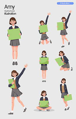 학생 여자 교육 감정 학교 모션 청소년 고등학생 사람 파일형식 벡터 여고생 교실 캐릭터 점프 손흔들기 포즈 그림 백그라운드 장신구 사춘기 표현 즐거움 디자인 국내일러스트 AI파일 일러스트