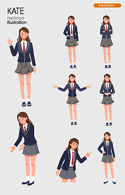 학생 옷 여자 교육 학교 모션 청소년 감각 파일형식 벡터 고등학생 여학생 캐릭터 교복 표정 포즈 편안함 외모 표현 손짓 교실 학습 국내일러스트 AI파일 일러스트